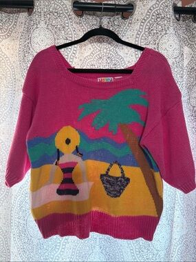 Heidi Hot Pink Beach Scene-Shoulder Vintage sweater